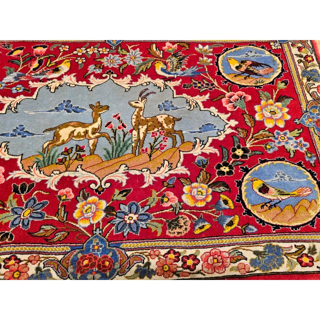 Vintage Persian Tabriz Pictorial Rug, Hand-Knotted Wool & Silk, Forest Scene, Red & Blue, 2x3 For Sale - Image 11 of 15
