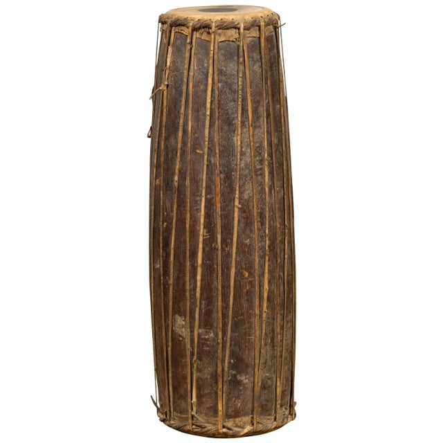 Mid 19th Century Antique Indonesian Slender Freestanding Wooden Drum with Leather Drumhead For Sale - Image 10 of 10