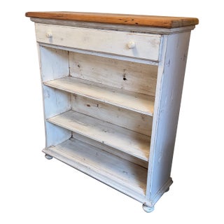 Shabby Chic White + Tan Bookshelf, Vintage For Sale