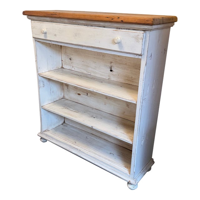 Shabby Chic White + Tan Bookshelf, Vintage For Sale