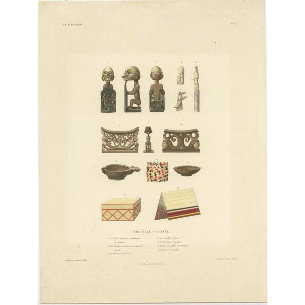 Antique print titled 'New Guinea'. Original old print with artifacts from New Guinea. This print originates from 'Voyage...