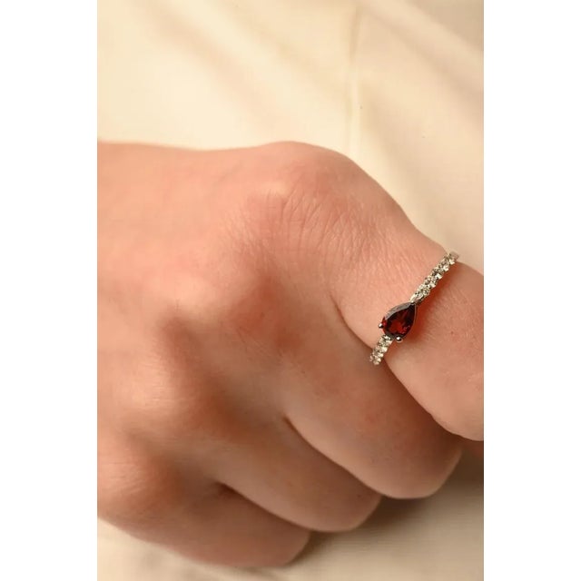 Art Deco 14k White Gold Pear Cut Garnet and Diamond Ring Size 7 For Sale - Image 3 of 14