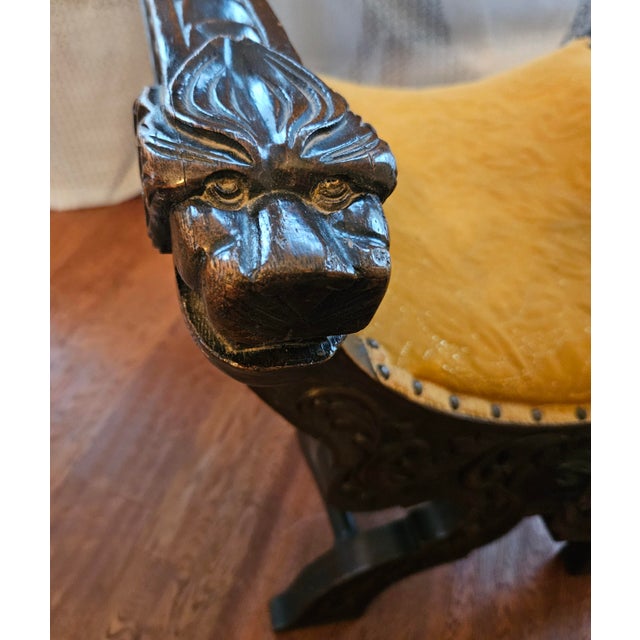 Wood 19th-Century Continental Renaissance Style Carved Walnut Lion Armchair in Gold Velvet For Sale - Image 7 of 7