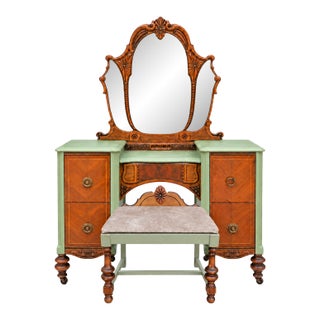 Antique Art Deco Vanity With Three-Panel Mirror and Matching Bench For Sale