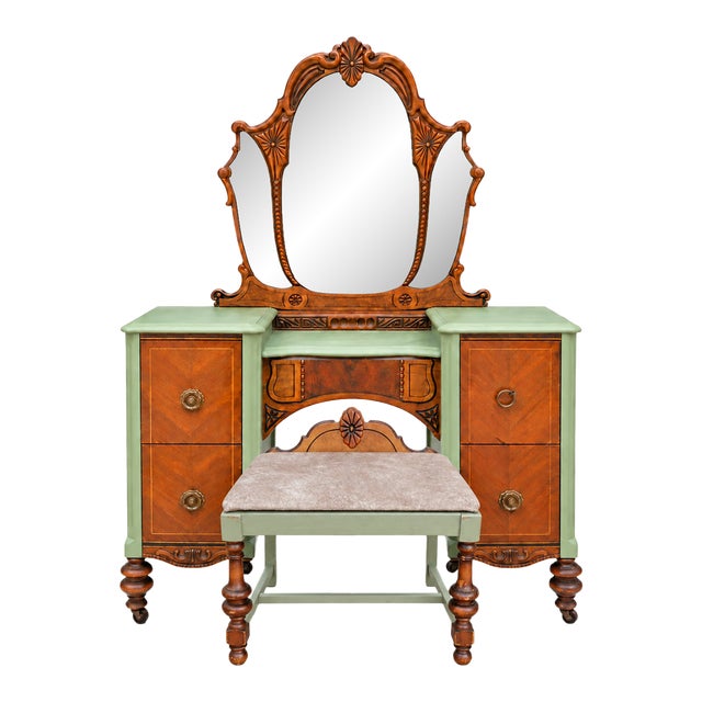 Antique Art Deco Vanity With Three-Panel Mirror and Matching Bench For Sale