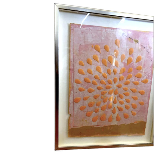 60's Abstract Safron Op Art Acrylic on Bruised Pink Watercolor Paper Chrome Framed Glass For Sale - Image 4 of 14