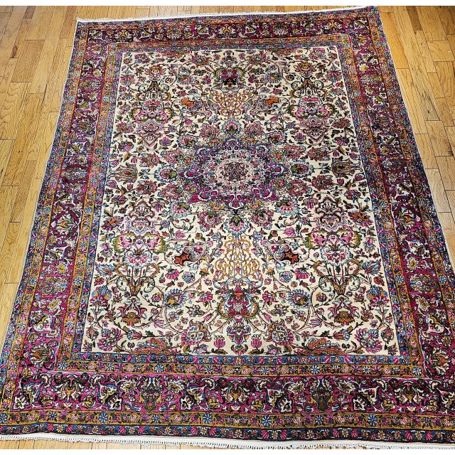 Antique Persian Kerman Lavar Rug, Hand-Knotted Wool, Floral Pattern, Ivory & Crimson, 9x12 For Sale - Image 10 of 10
