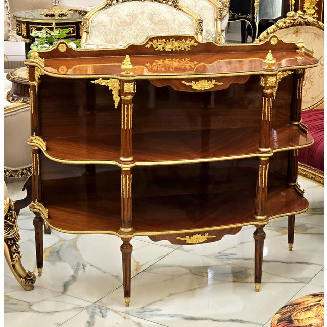 French Luxury French Open Console Table With Hand-Gilded Gold Leaf Details & Solid Wood Shelving For Sale - Image 3 of 5
