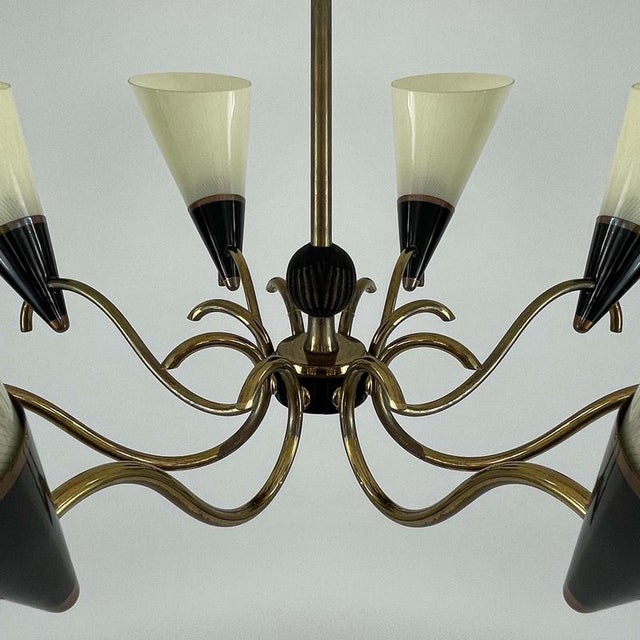Scandinavian Opaline Glass and Brass Chandelier, 1950s For Sale - Image 14 of 17