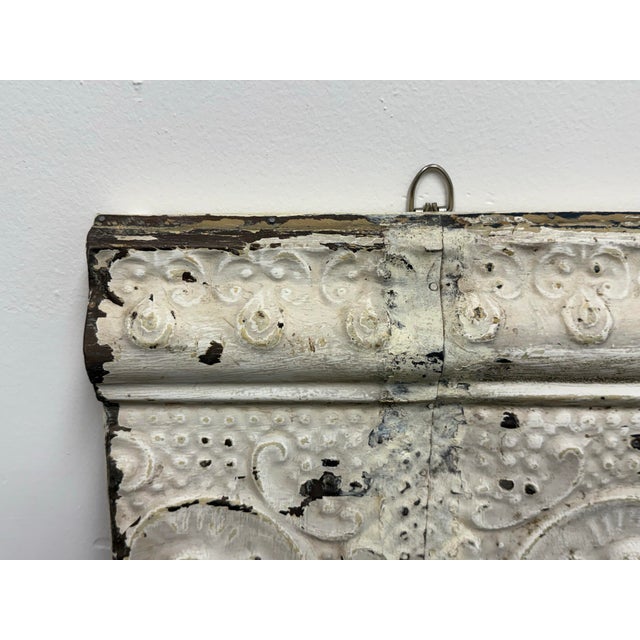 Distressed White Embossed Tin Architectural Wall Panel, Vintage For Sale - Image 4 of 12