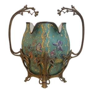 1990s Wong Lee Art Nouveau Style Vase With Floral Motif and Bronze Handles