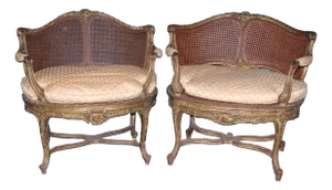 Rare Pair of Francoise Linke Signed Giltwood Caned Louis XV Salon Chairs