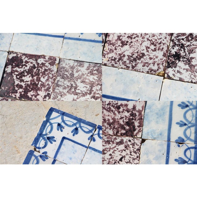 18th Century Tile Mural Panel, Aubergine Spongeware Surrounded by Blue & White Flowers - 35 Pieces For Sale - Image 11 of 13
