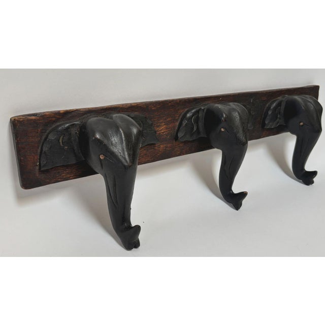 Mid 20th Century Hand-Carved Wooden Elephant Wall Coat Rack Triple Head Hooks Asian/African Style For Sale - Image 5 of 12
