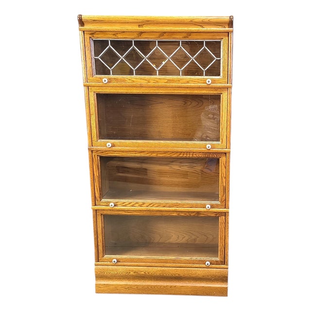 Oak Four Tier Barrister Bookcase with Leaded Glass, 1920 For Sale