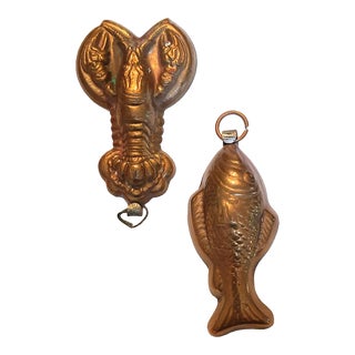 Vintage Mini Copper Lobster and Fish Candy Chocolate Molds For Sale