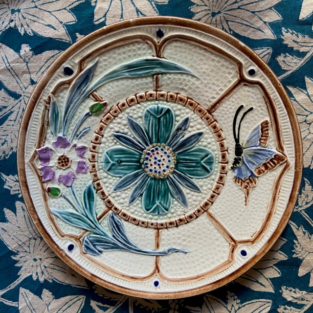 Majolica Flowers and Butterfly Plates from Wasmuel, 1890s, Set of 2 For Sale - Image 6 of 10
