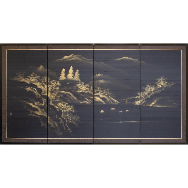 1960s Shōwa Era Japanese Byobu Screen "Mountain Landscape on Black Background" For Sale - Image 18 of 18