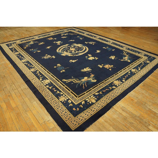 1890s Blue Ground Scattered Floral Sprays Antique Chinese Peking Knotted Rug For Sale - Image 10 of 11
