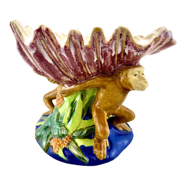 1960s Vintage Italian Majolica Style Monkey Hand Painted Sculpture Centerpiece For Sale
