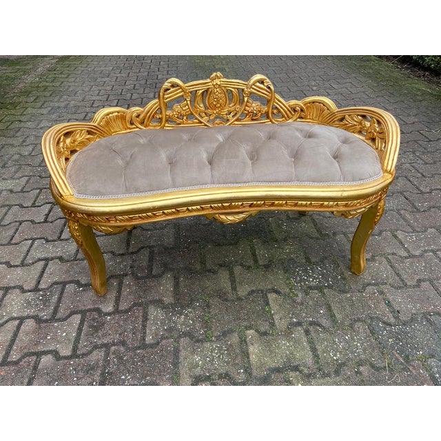 Late 20th Century French Louis XVI Gold Beech Settee Tan Velvet For Sale - Image 11 of 11