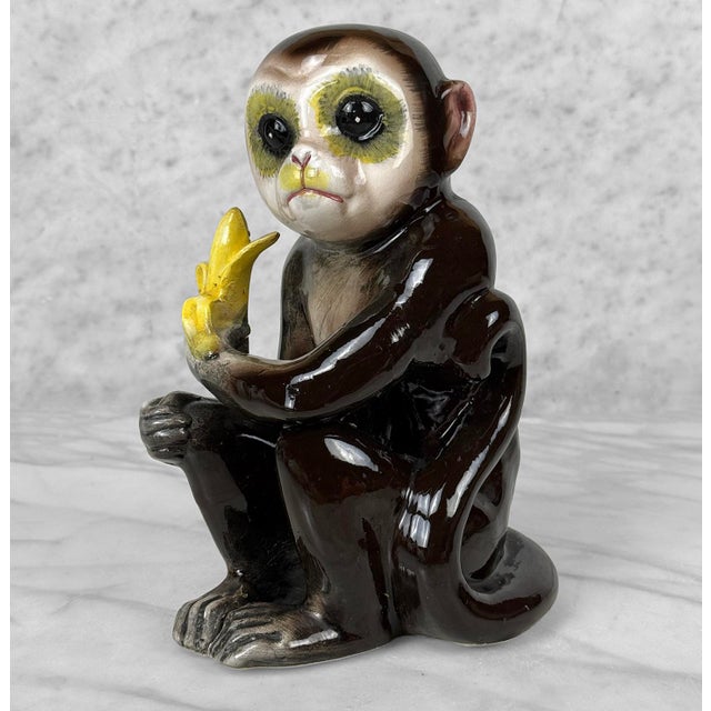 Mid-Century Japanese Porcelain Monkey Holding Banana Sculpture For Sale - Image 6 of 9