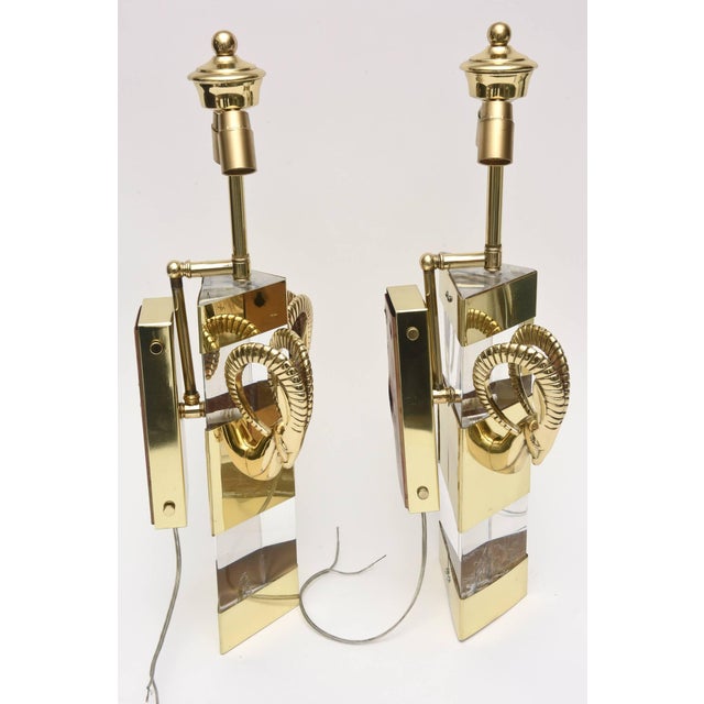 Gold 1970s Lucite and Polished Brass Ram's Head Wall Sconces - a Pair For Sale - Image 8 of 11