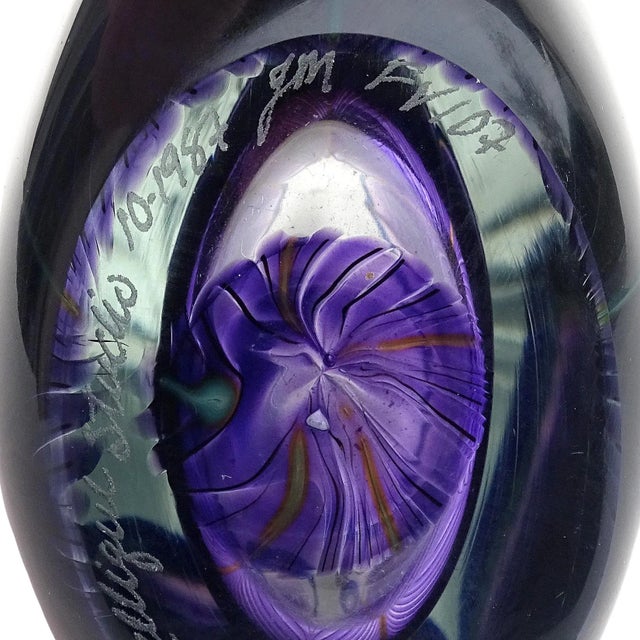 Glass Zellique Studio Joseph Morel 1987 Signed Purple Blue Peacock Feather Vintage Art Glass Vanity Flower Vase For Sale - Image 7 of 8