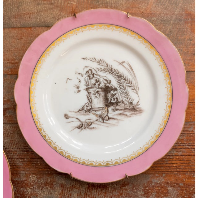 19th Century Pair of Decorative Wall Plates Animals and Pink Rim Attributed to Limoges France For Sale - Image 4 of 8