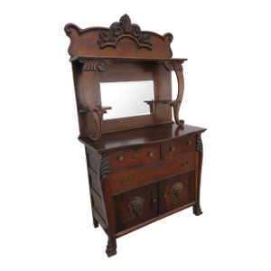 Early 1900s Victorian Carved Lion Heads Tiger Oak Server Buffet With Mirror 5955