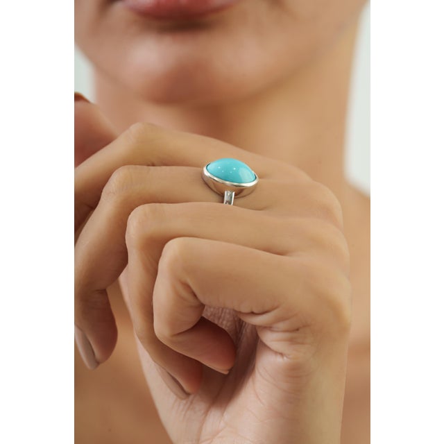 Minimalist 4.7 Ct Oval Turquoise Bezel Set Solitaire Ring in 925 Sterling Silver Size 8 For Sale - Image 9 of 15