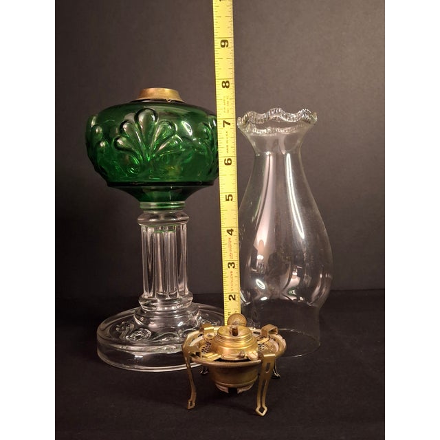 Antique Victorian Emerald Green Glass Kerosene Lamp Clear Star Base Scovill Queen Anne For Sale - Image 16 of 18