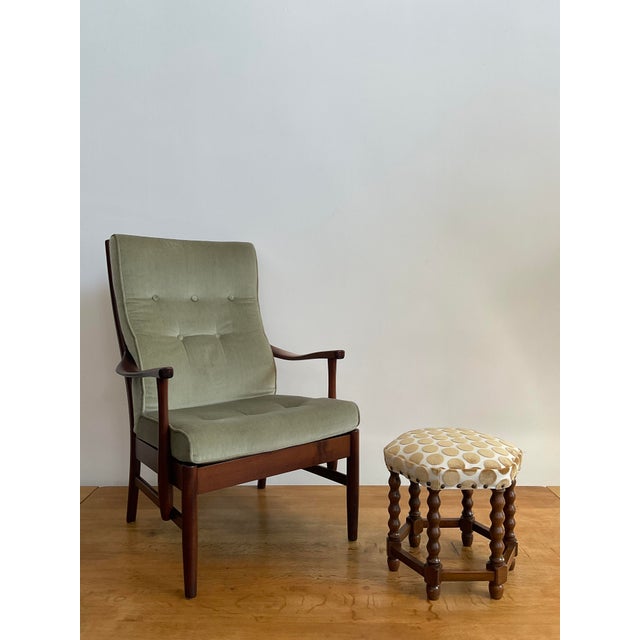 Charming Mid 20th Century Danish Spool Leg Stool in Polka Dot Velvet For Sale - Image 9 of 10