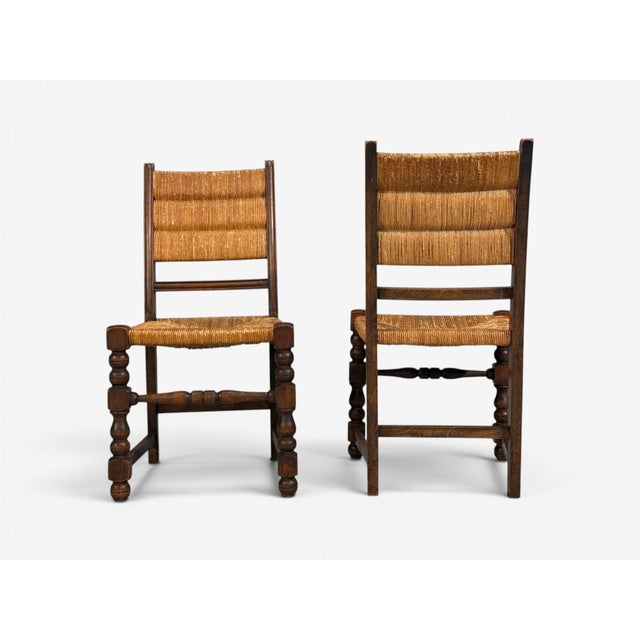 Charles Dudouyt Style, Eight Rustic Dining Chairs, Oak, Rush, France, 1940s For Sale - Image 10 of 10
