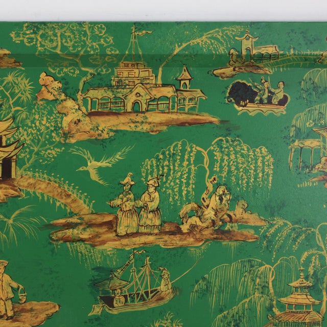 Vintage Hand Painted Chinoiserie Tole Tray Emerald Green and Gold Lacquer Rectangular Serving Tray For Sale - Image 10 of 16