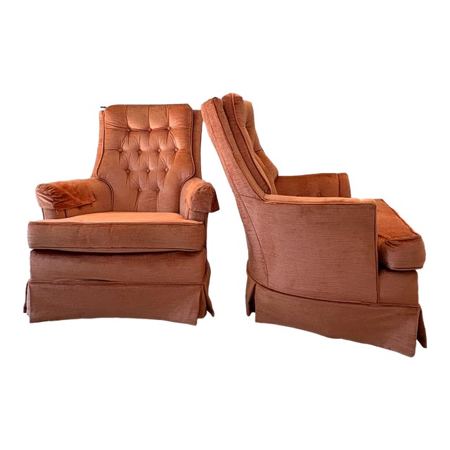 Vintage Salmon Pink Tufted Skirted Corded Velvet Swivel Club Chairs - A Pair For Sale