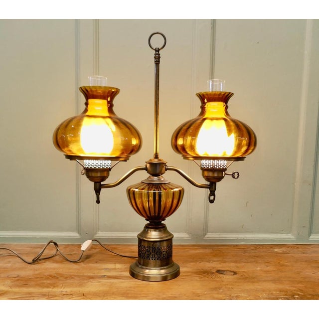 Antique Style Amber Oil Lamp, Twin Brass Table Lamp, This is a large piece, it has been copied from the design of an old...