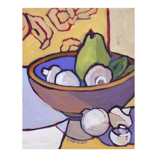 The Humble Mushroom and Quiet Pear – Oil on Canvas, 10 X 8 In, Warm Organic Still Life For Sale