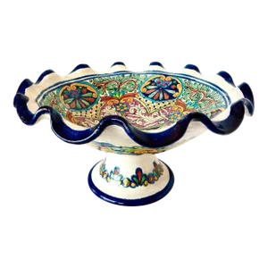 Talavera Style Large Size Pedestal Fruit Bowl Signed "Becerra" Mexico Circa 1995