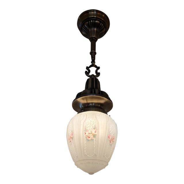 1920s Sheffield Style Pendant Light Fixture With Reverse Painted Shade For Sale