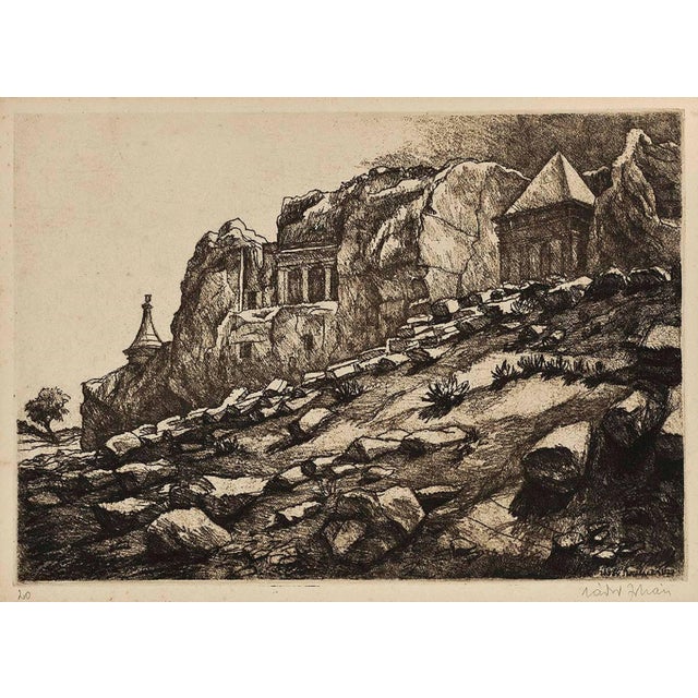 Picturesque depiction of Jerusalem mountainside landscape with Tomb of Ashalom.