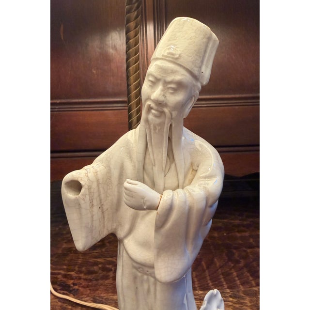 Vintage Chinese Blanc De Chine-Style Porcelain Scholar Figural Table Lamp For Sale - Image 4 of 11