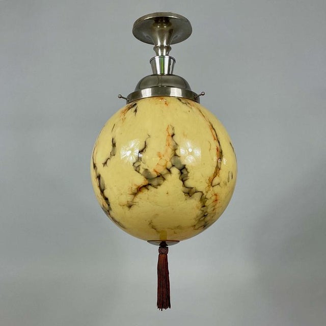 Glass Art Deco Opaline Glass and Nickel Ball Flush Mount with Tassel, Germany, 1930s For Sale - Image 7 of 18