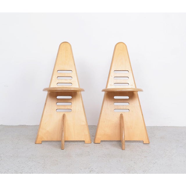 Set of 2 adjustable minimalist wooden chairs produced by lundia in the 1980s. designed by gijs boelaars, model lundi-sit....
