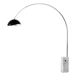 Iconic 95" Arc Floor Lamp, Mid-Century Modern, Satin Nickel, White Marble Base, Matte Black/Silver Shade For Sale