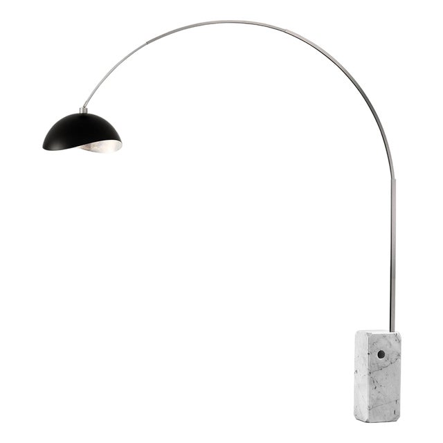 Iconic 95" Arc Floor Lamp, Mid-Century Modern, Satin Nickel, White Marble Base, Matte Black/Silver Shade For Sale