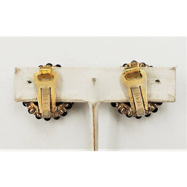 Mid-Century Modern Vintage 1960s Hobe Domed Faux-Onyx & Clear Rhinestone Clip Earrings - 2 Pieces For Sale - Image 3 of 9