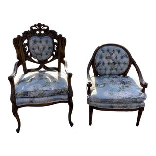Mid Century Vintage Chairs With Carved Oak Wood Frames- Set of 2 For Sale