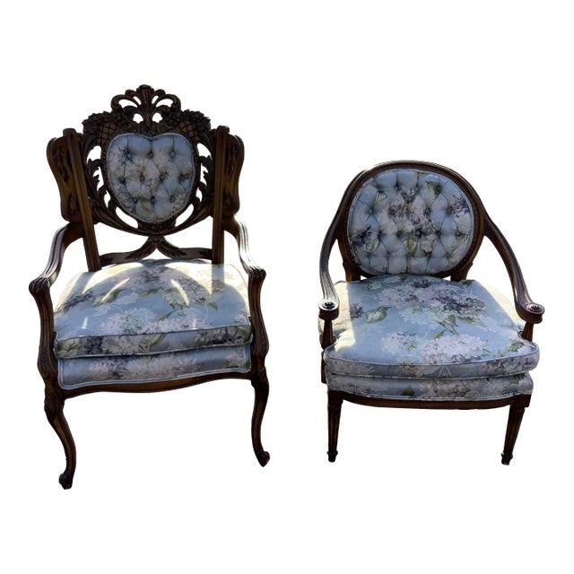 Mid Century Vintage Chairs With Carved Oak Wood Frames- Set of 2 For Sale