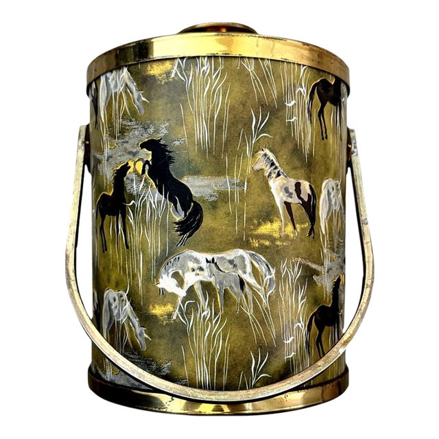 Serv-Master Creations MCM Equestrian Ice Bucket Brass Accents Retro Barware For Sale